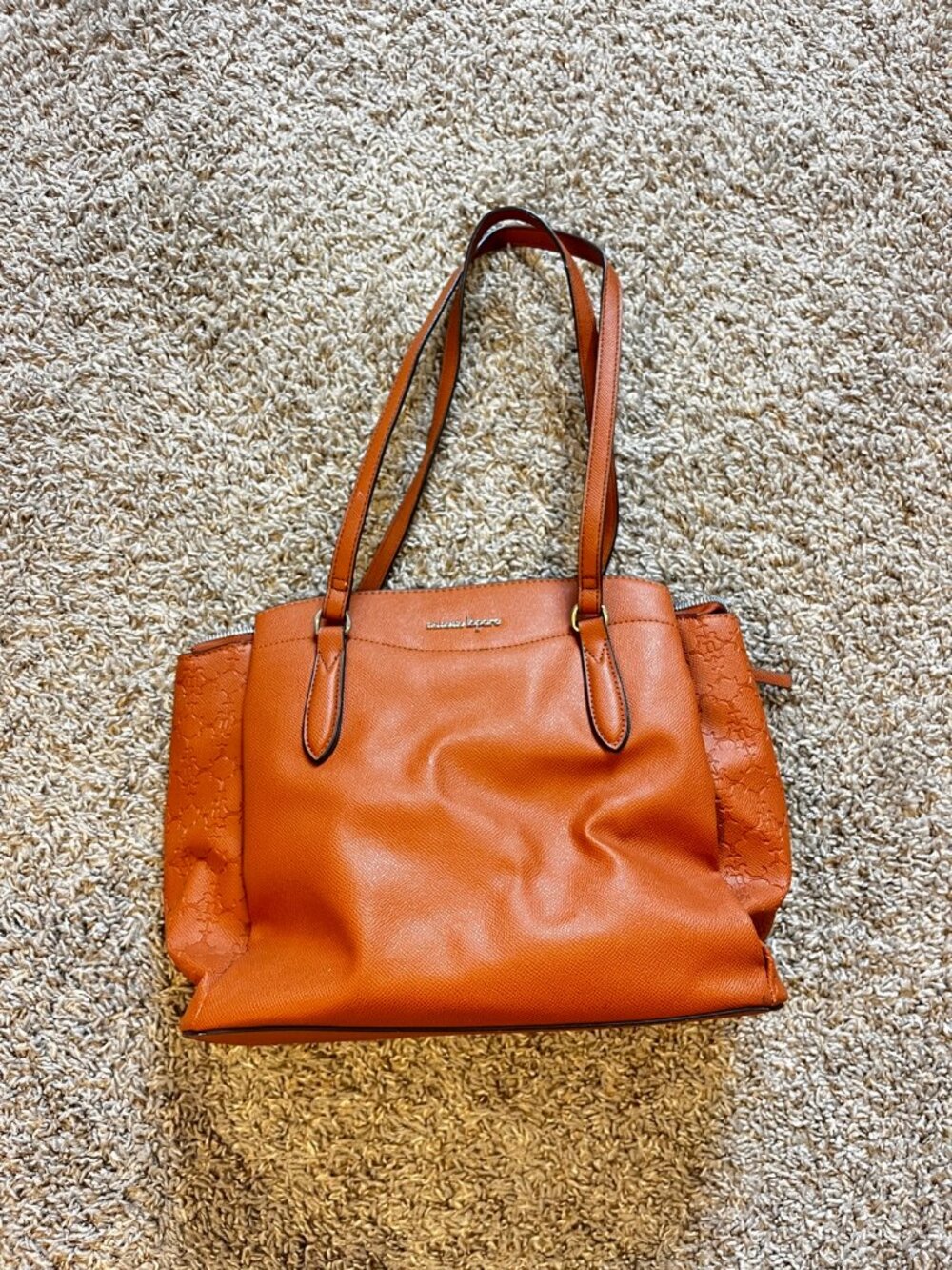 Nanette Lepore Caramel Tan Tote Bag with Embossed Monogram Side Panels